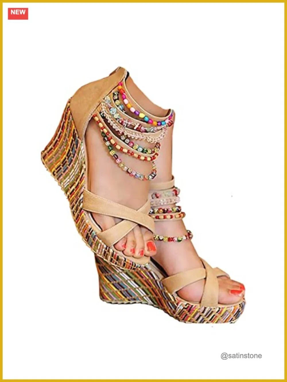 Womens Wedge Sandals With Pearls High Heel Platform Summer Ankle Strap